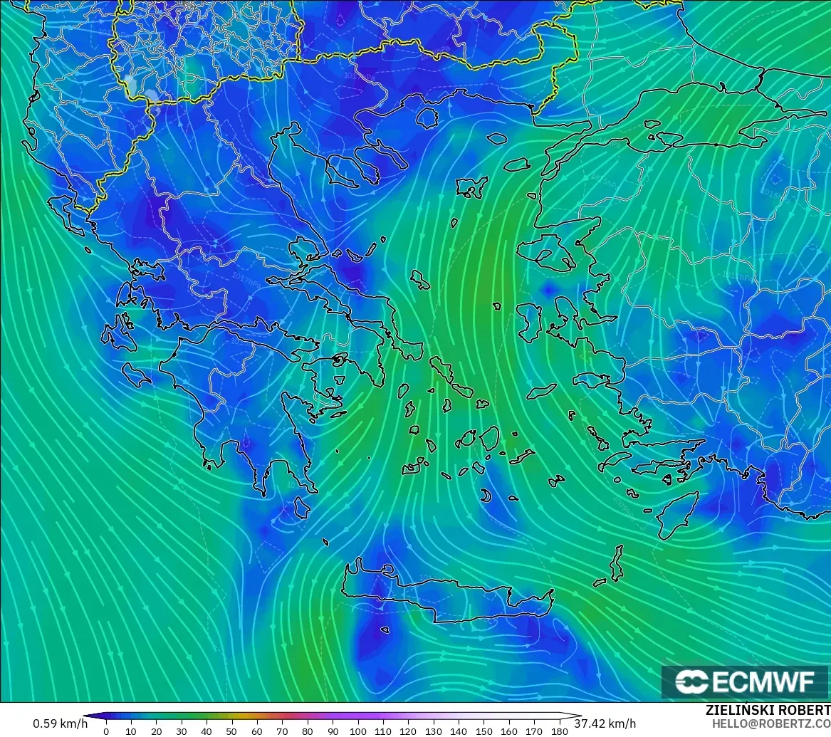 ECMWF IFS 0.25° モデル - ギリシャ, 風速（10m）