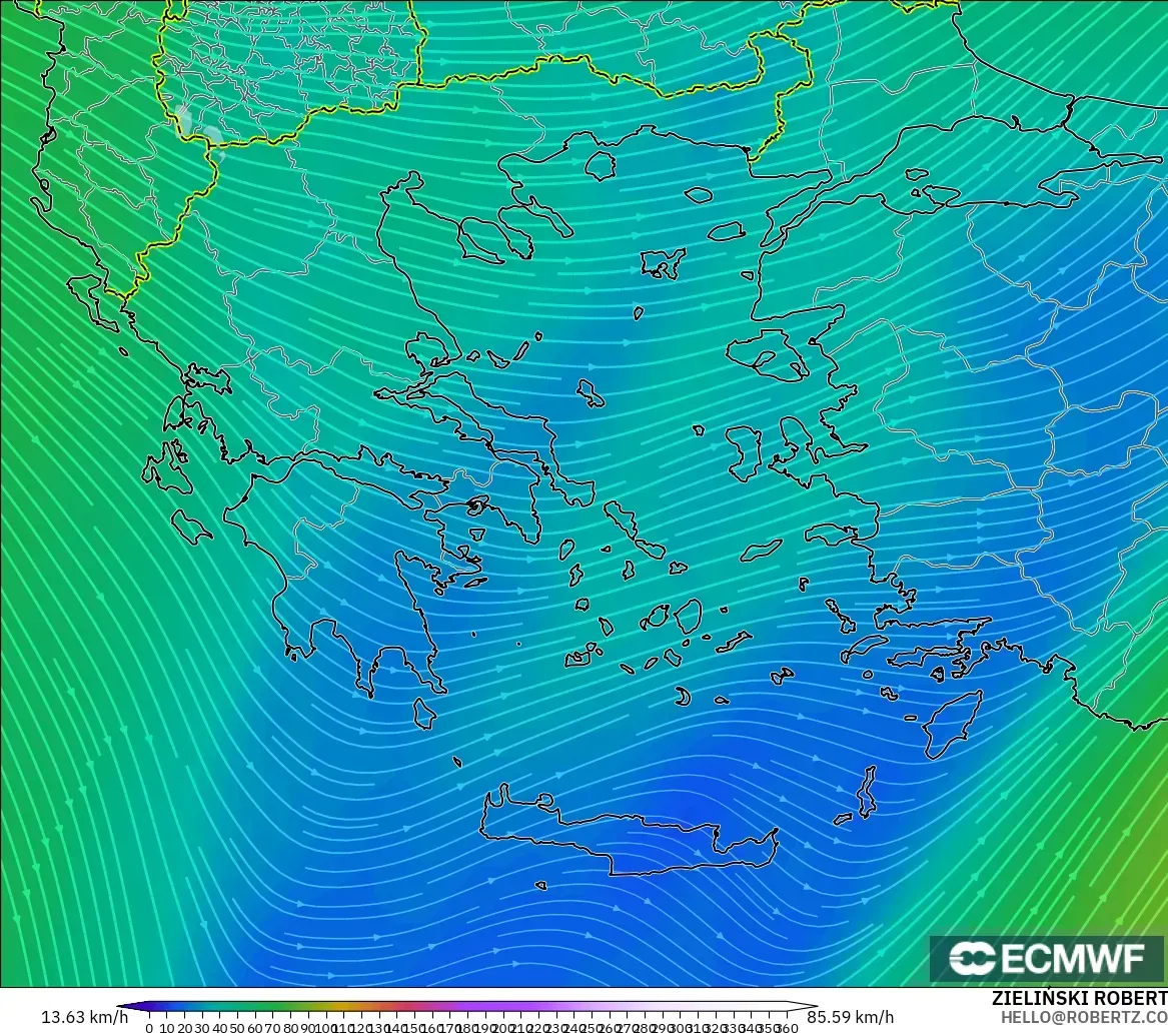 ECMWF IFS 0.25° モデル - ギリシャ, 風速（300hPa）