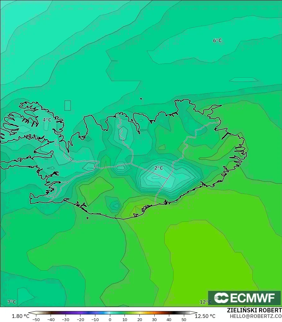 ECMWF IFS 0.25° モデル - アイスランド, 露点温度（2m）