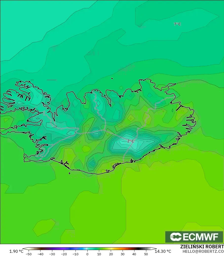 ECMWF IFS 0.25° モデル - アイスランド, 気温（2m）