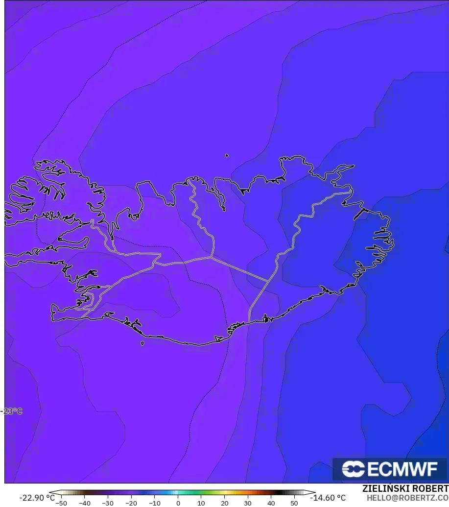 ECMWF IFS 0.25° モデル - アイスランド, 気温（500hPa）