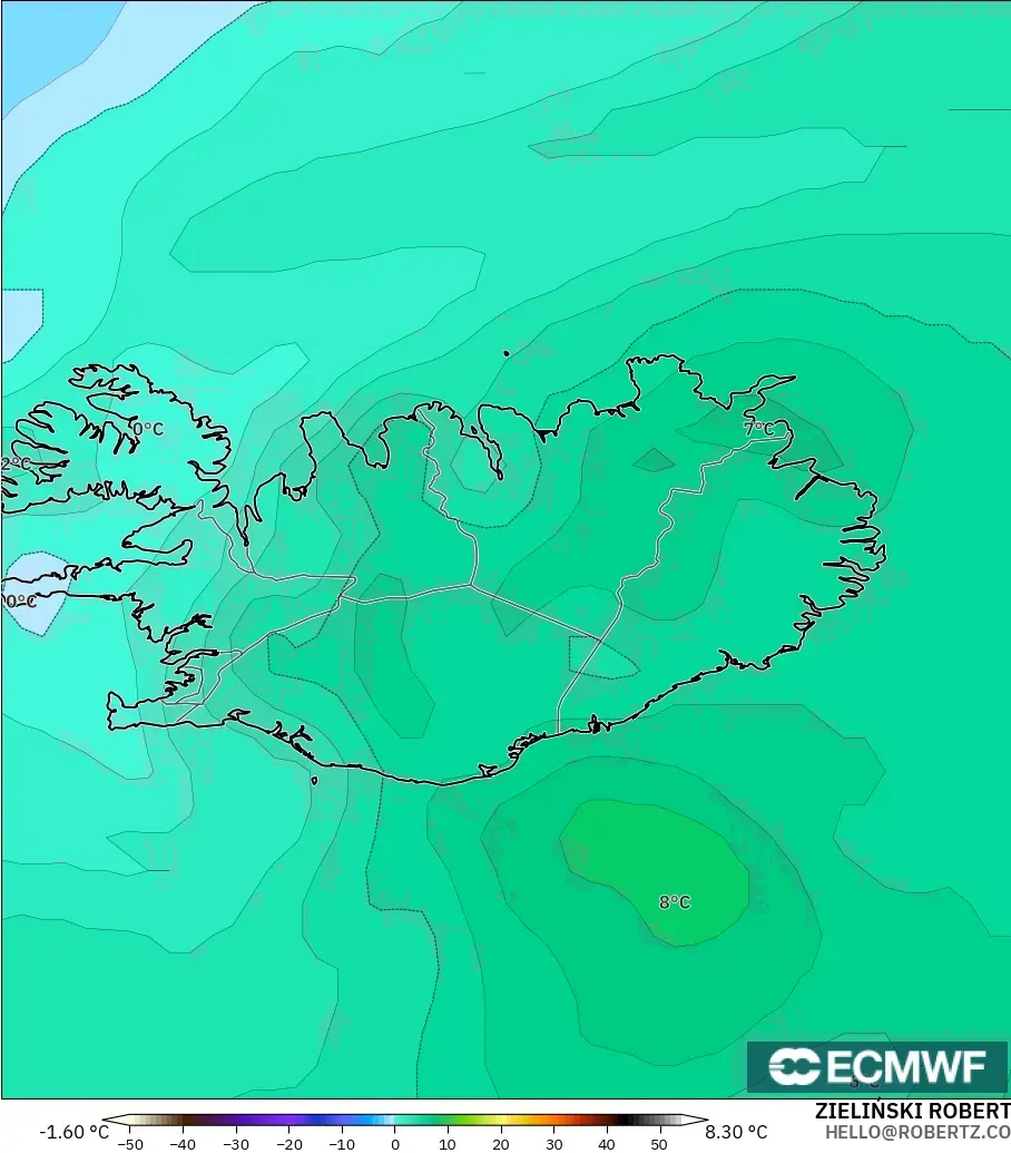 ECMWF IFS 0.25° モデル - アイスランド, 気温（850hPa）