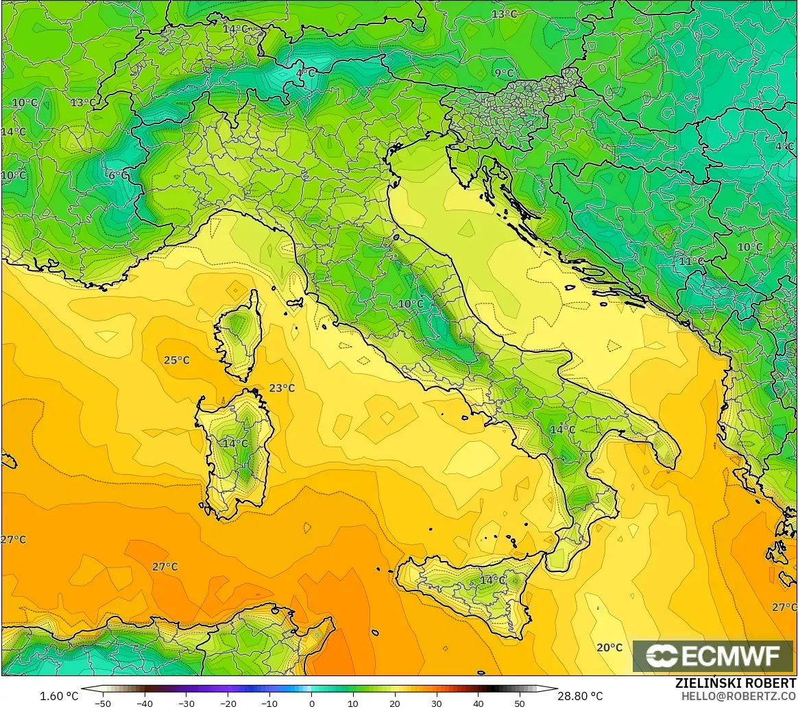 ECMWF IFS 0.25° モデル - イタリア, 露点温度（2m）