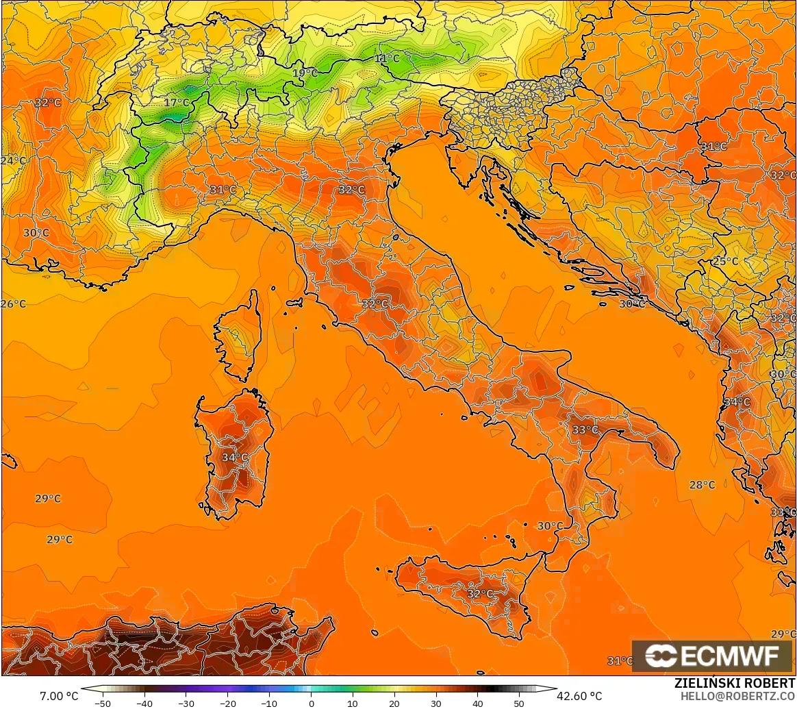 ECMWF IFS 0.25° モデル - イタリア, 気温（2m）