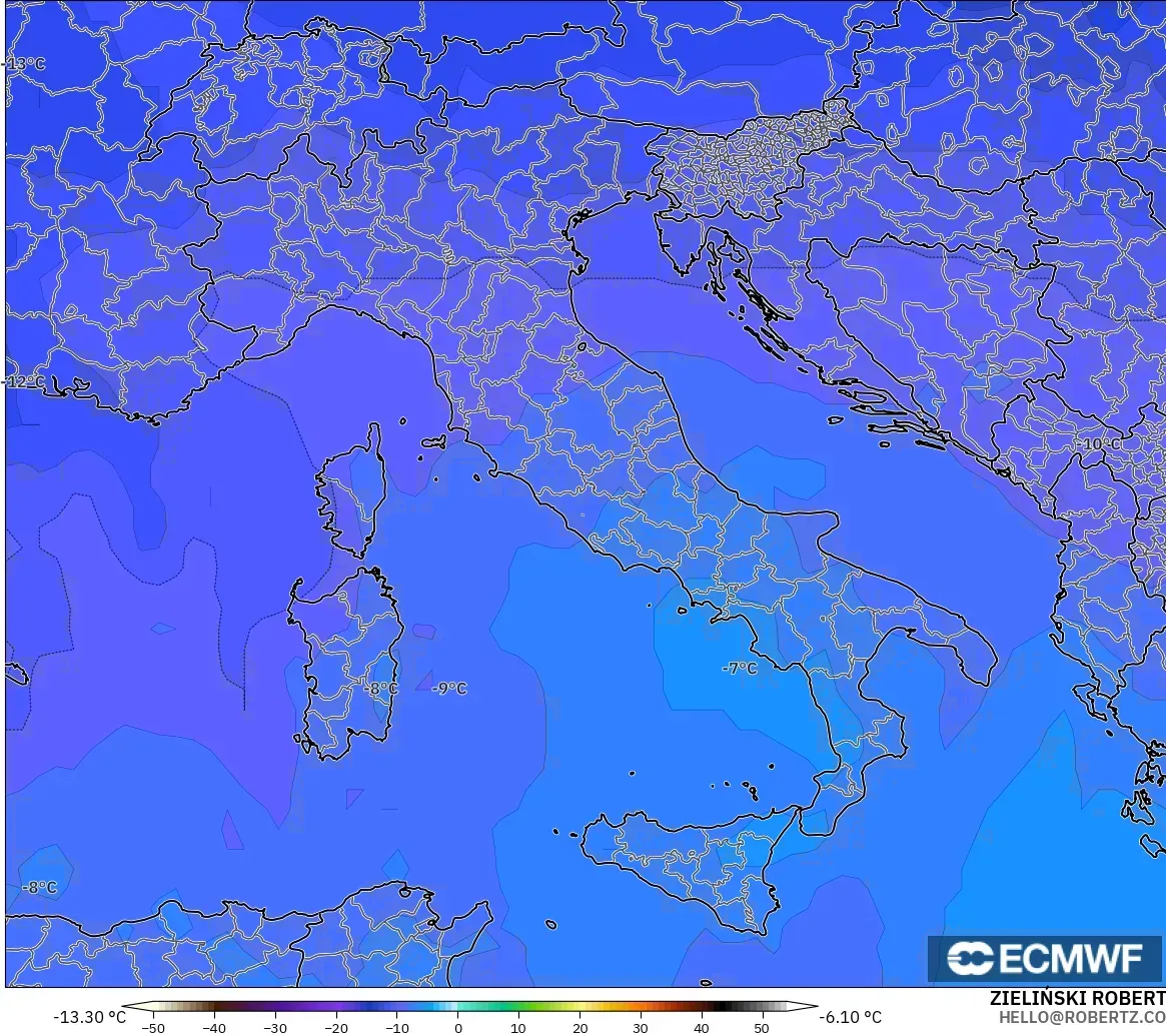 ECMWF IFS 0.25° モデル - イタリア, 気温（500hPa）
