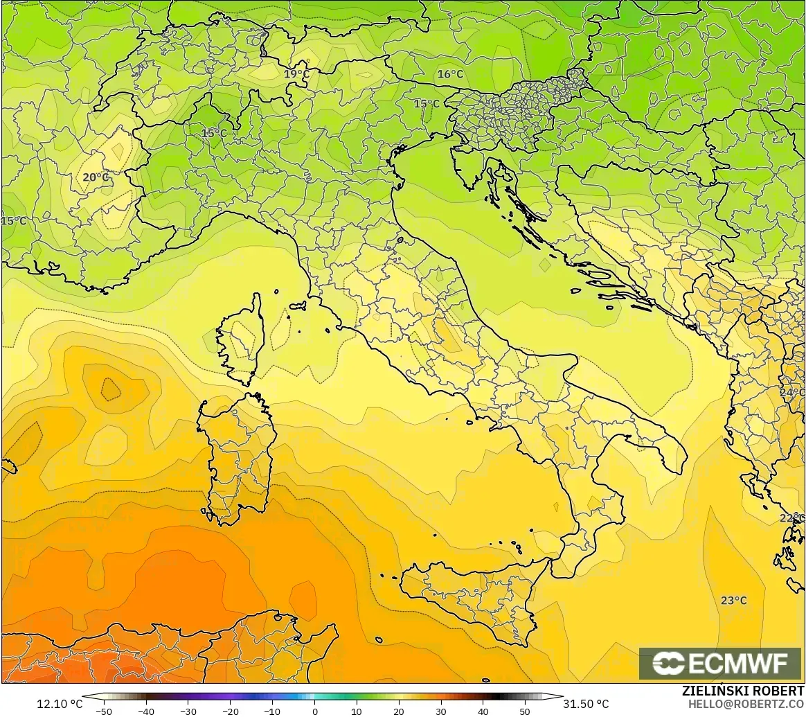 ECMWF IFS 0.25° モデル - イタリア, 気温（850hPa）