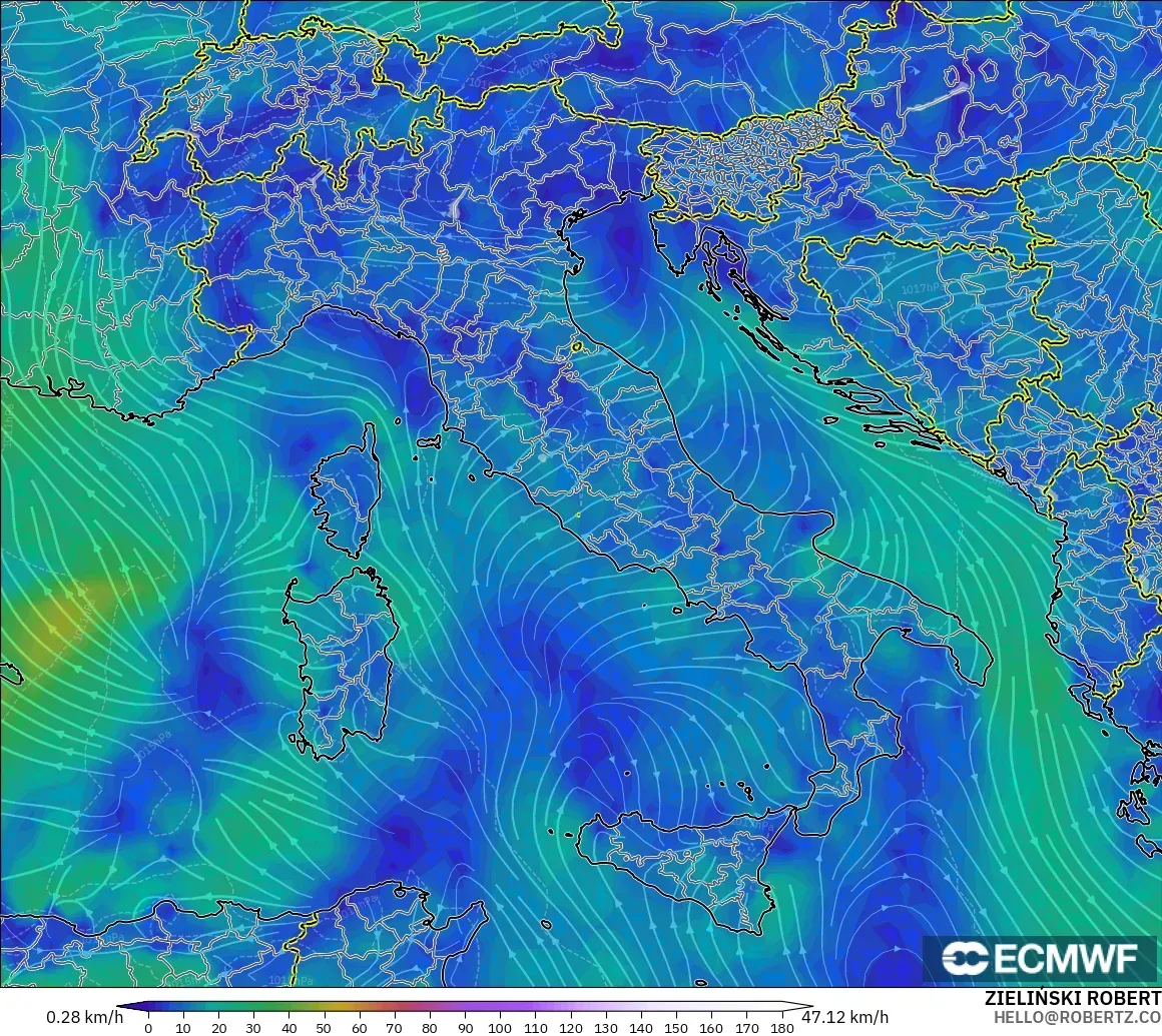 ECMWF IFS 0.25° モデル - イタリア, 風速（10m）
