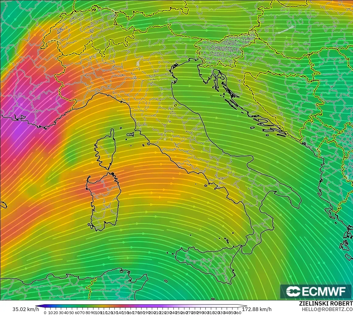 ECMWF IFS 0.25° モデル - イタリア, 風速（300hPa）