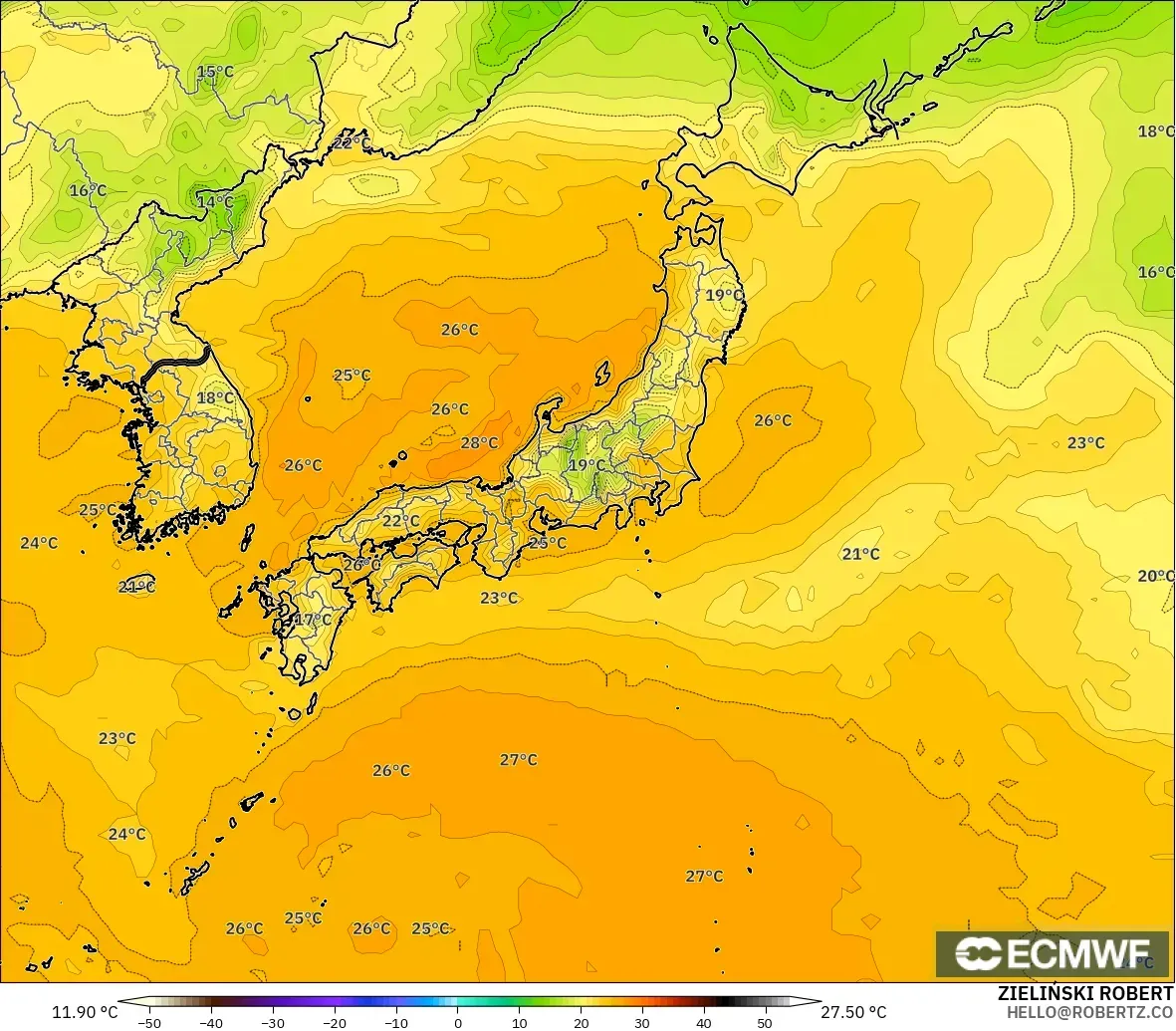 ECMWF IFS 0.25° モデル - 日本, 露点温度（2m）