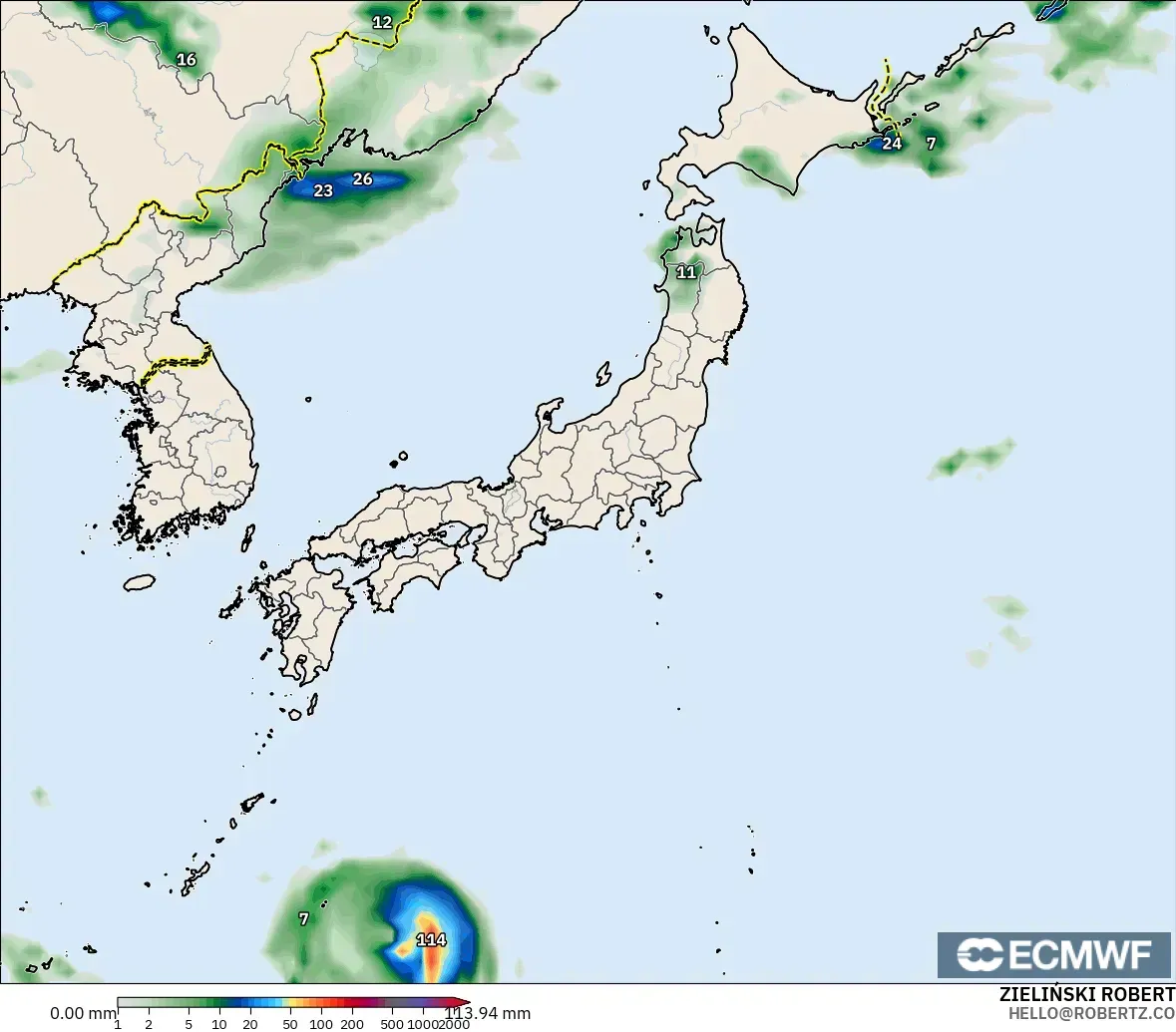 ECMWF IFS 0.25° モデル - 日本, 降水量の合計
