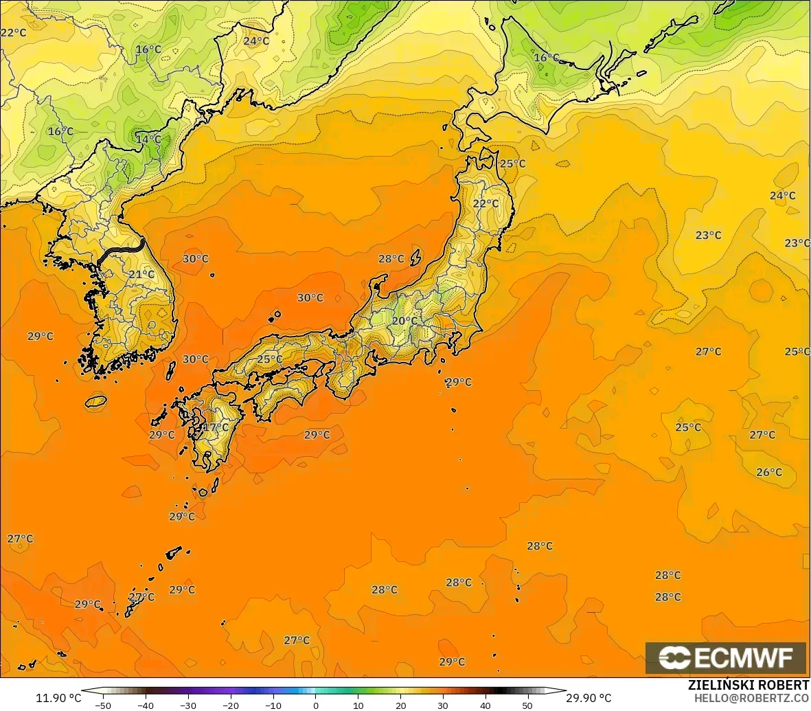 ECMWF IFS 0.25° モデル - 日本, 気温（2m）