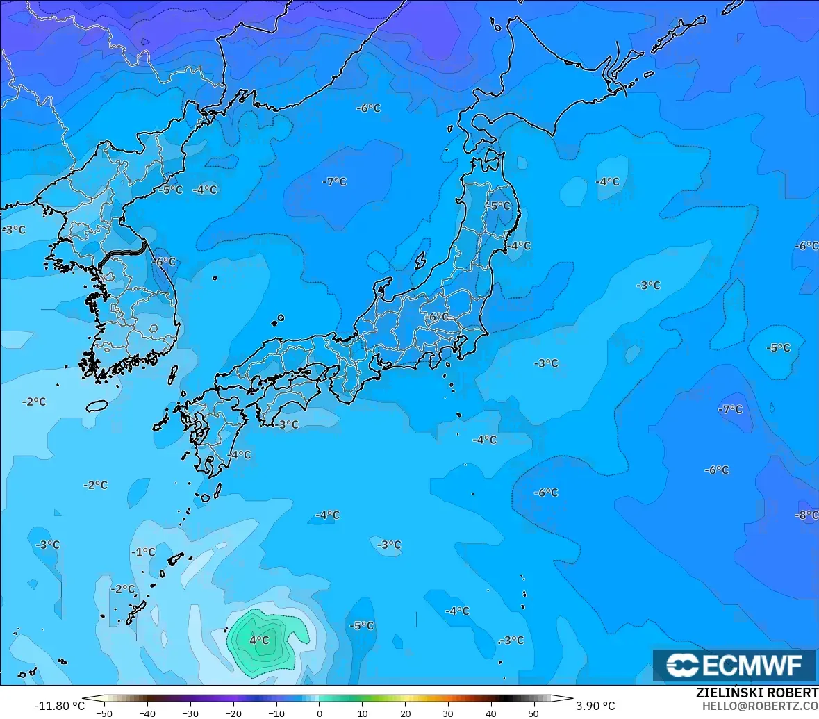 ECMWF IFS 0.25° モデル - 日本, 気温（500hPa）