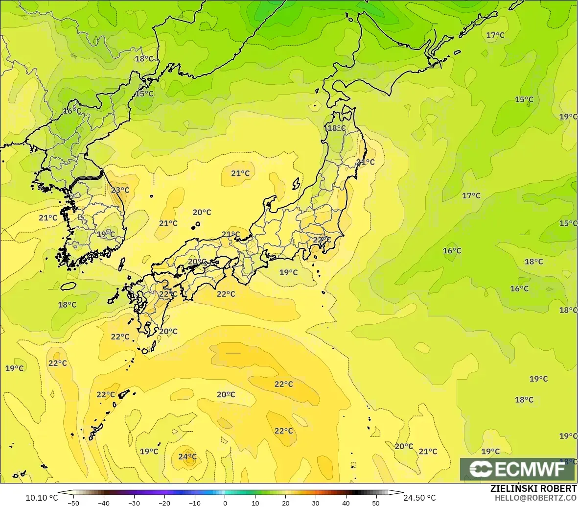ECMWF IFS 0.25° モデル - 日本, 気温（850hPa）