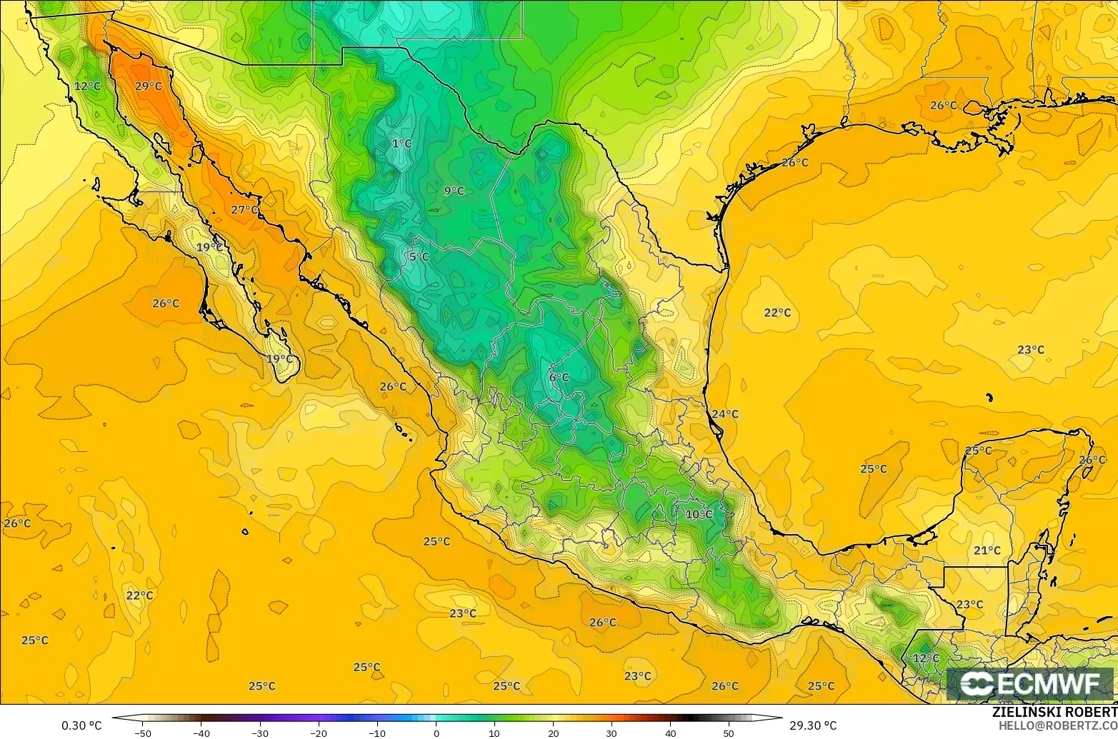 ECMWF IFS 0.25° モデル - メキシコ, 露点温度（2m）