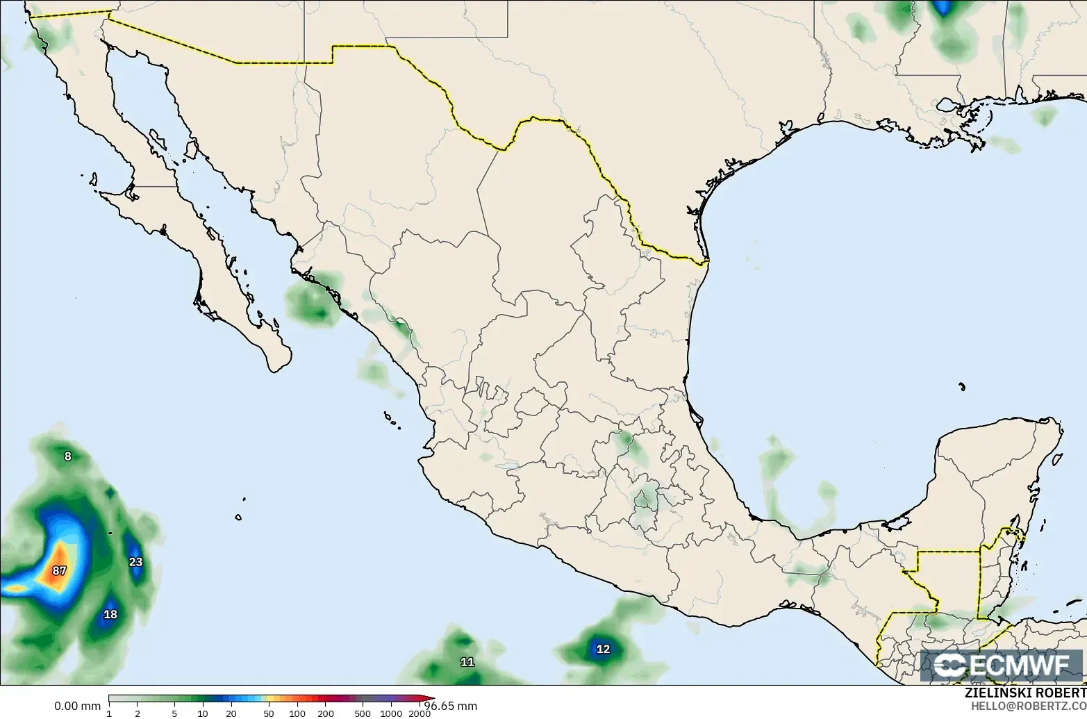 ECMWF IFS 0.25° モデル - メキシコ, 降水量の合計