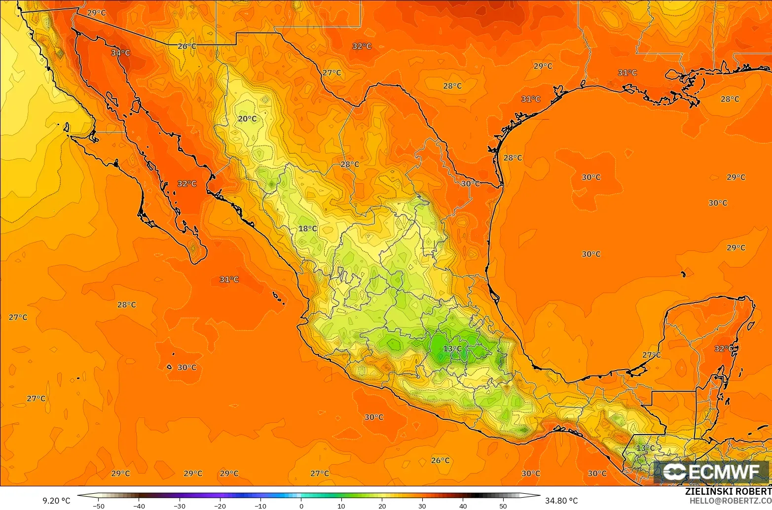 ECMWF IFS 0.25° モデル - メキシコ, 気温（2m）