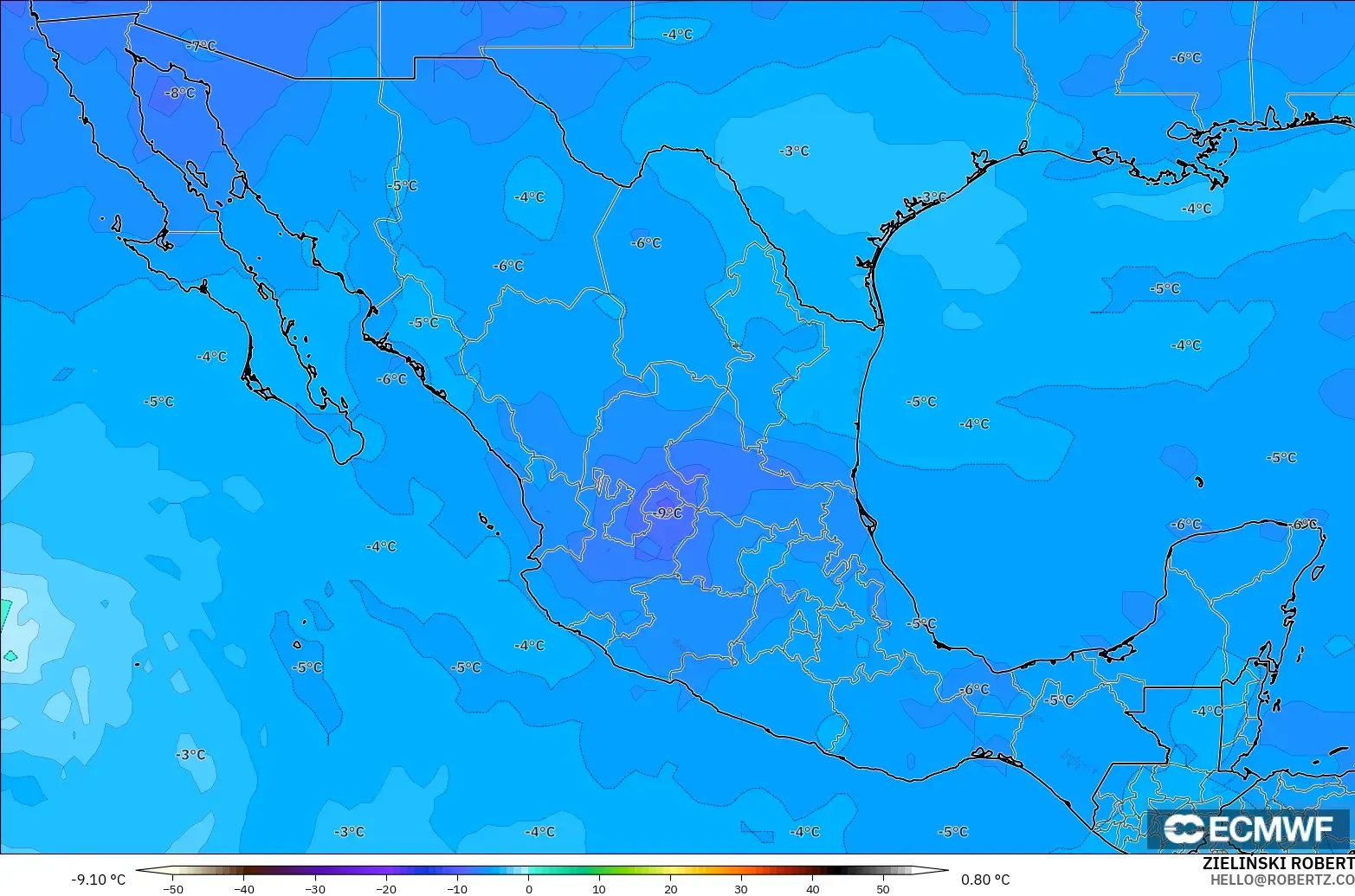 ECMWF IFS 0.25° モデル - メキシコ, 気温（500hPa）