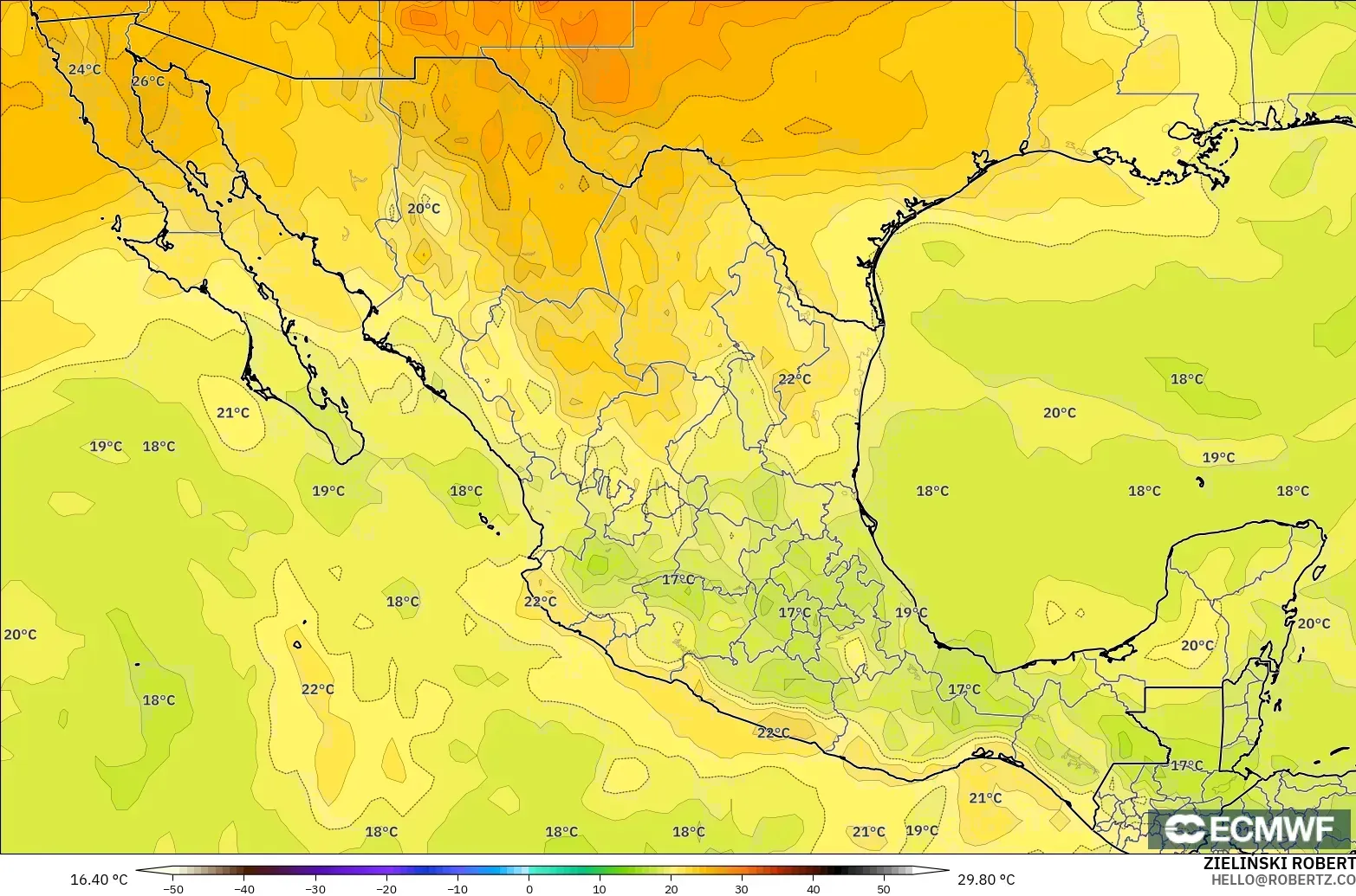 ECMWF IFS 0.25° モデル - メキシコ, 気温（850hPa）