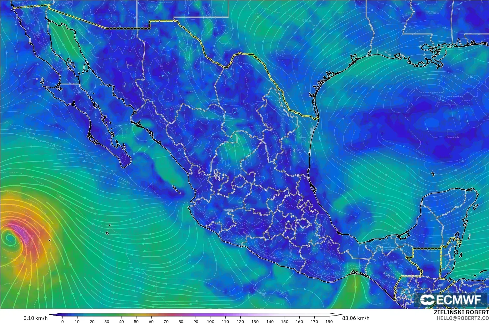 ECMWF IFS 0.25° モデル - メキシコ, 風速（10m）