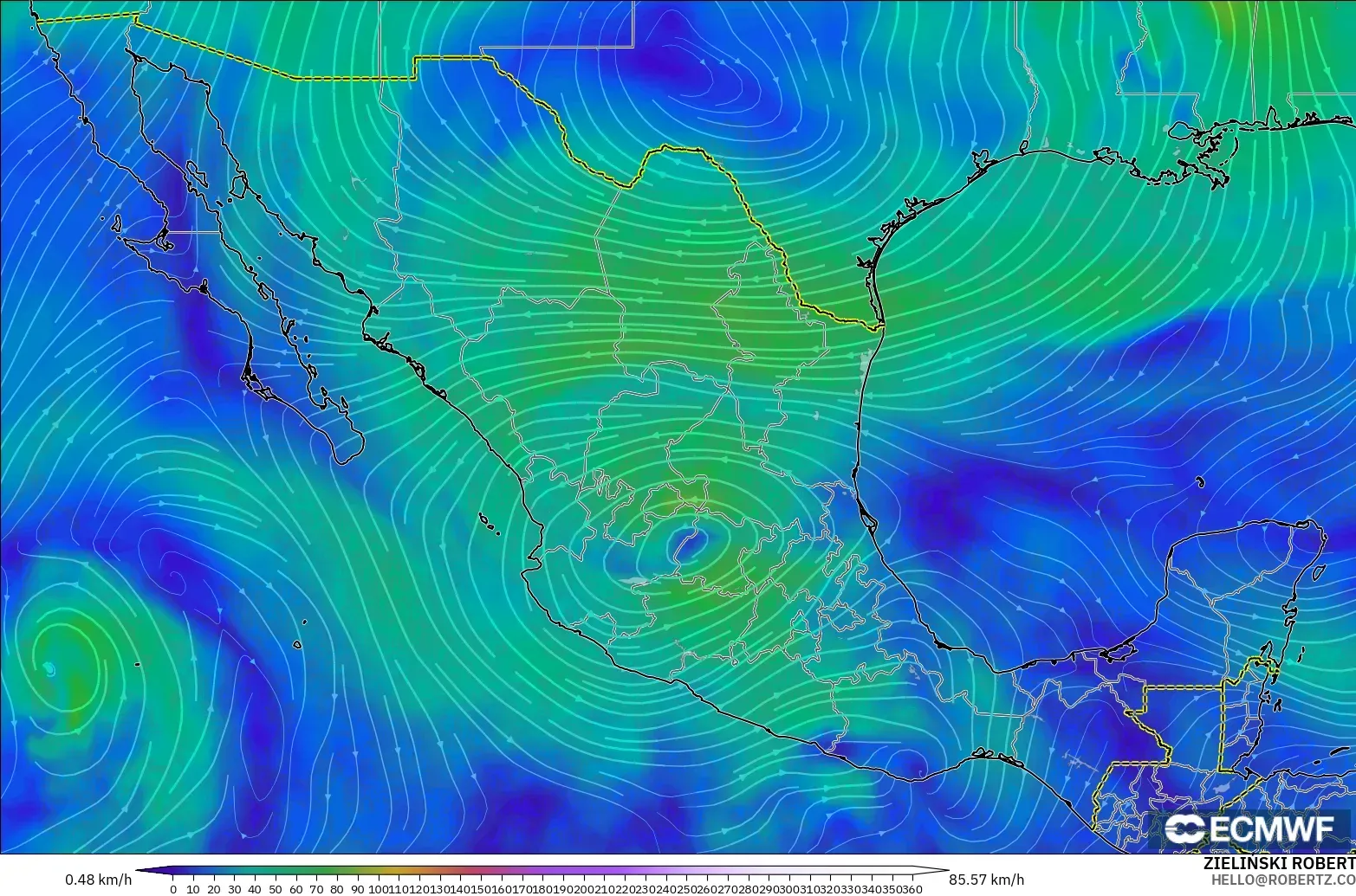 ECMWF IFS 0.25° モデル - メキシコ, 風速（300hPa）