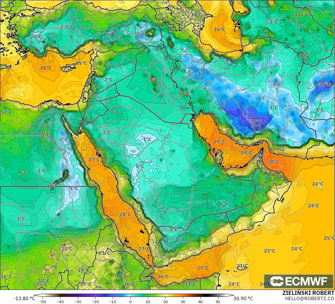 ECMWF IFS 0.25° モデル - 中東, 露点温度（2m）