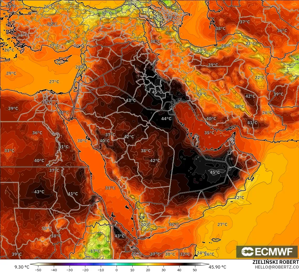 ECMWF IFS 0.25° モデル - 中東, 気温（2m）