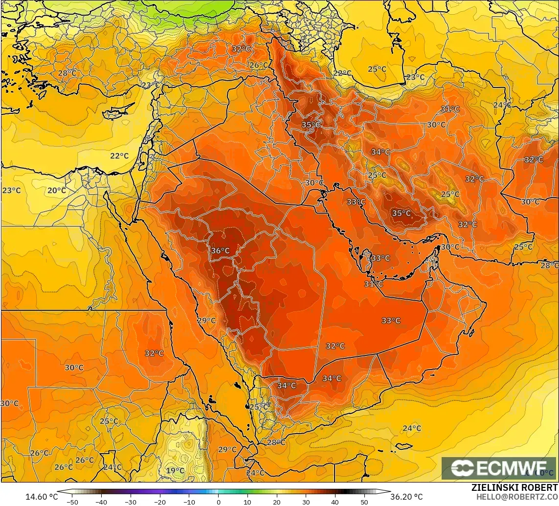 ECMWF IFS 0.25° モデル - 中東, 気温（850hPa）