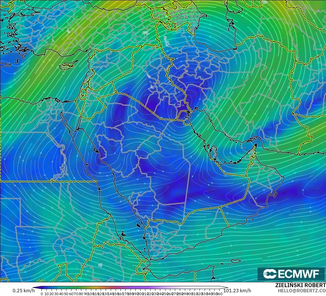 ECMWF IFS 0.25° モデル - 中東, 風速（300hPa）