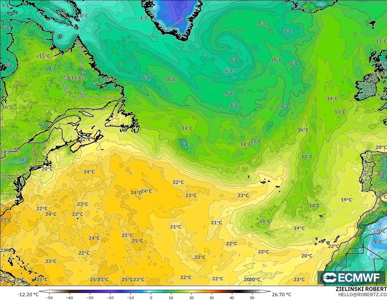 ECMWF IFS 0.25° モデル - 北大西洋, 露点温度（2m）