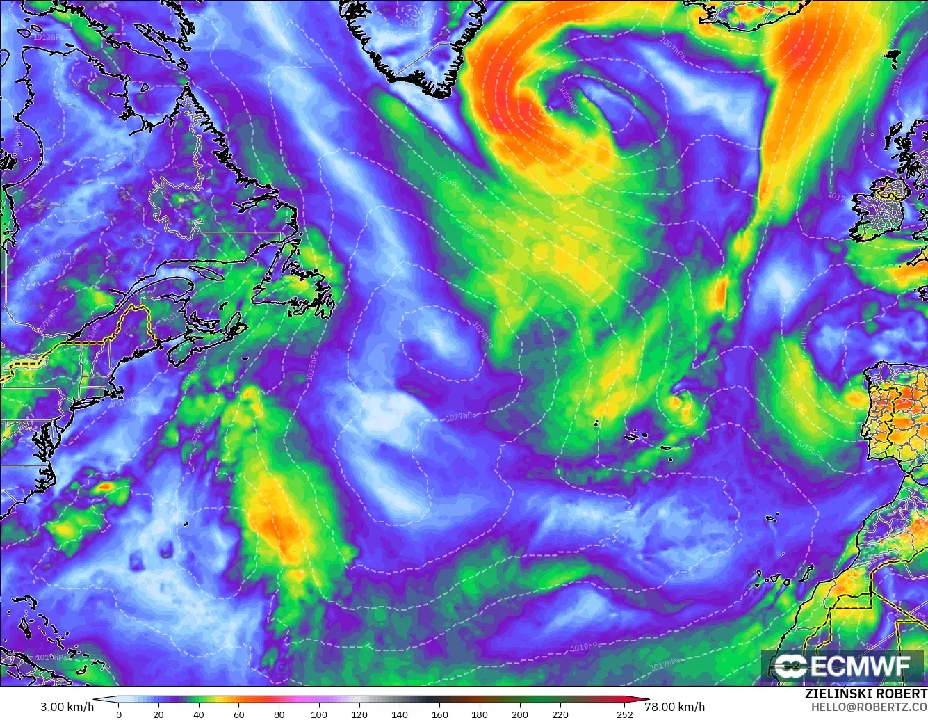 ECMWF IFS 0.25° モデル - 北大西洋, 突風（最大）