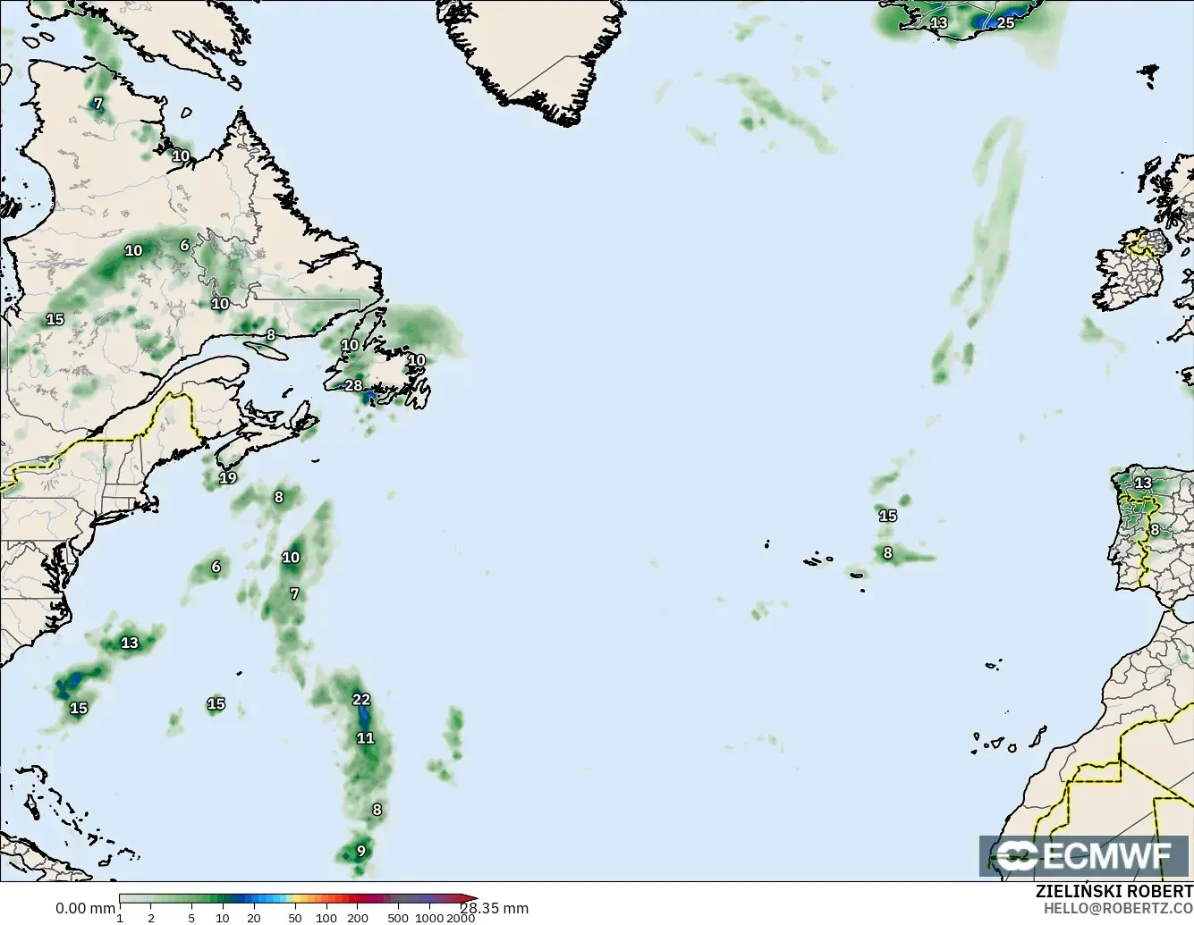 ECMWF IFS 0.25° モデル - 北大西洋, 降水量の合計