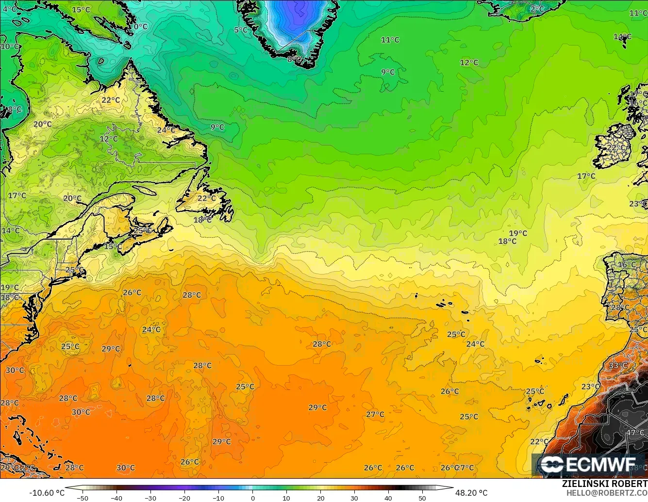 ECMWF IFS 0.25° モデル - 北大西洋, 気温（2m）