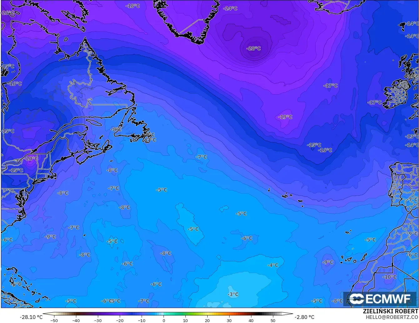ECMWF IFS 0.25° モデル - 北大西洋, 気温（500hPa）