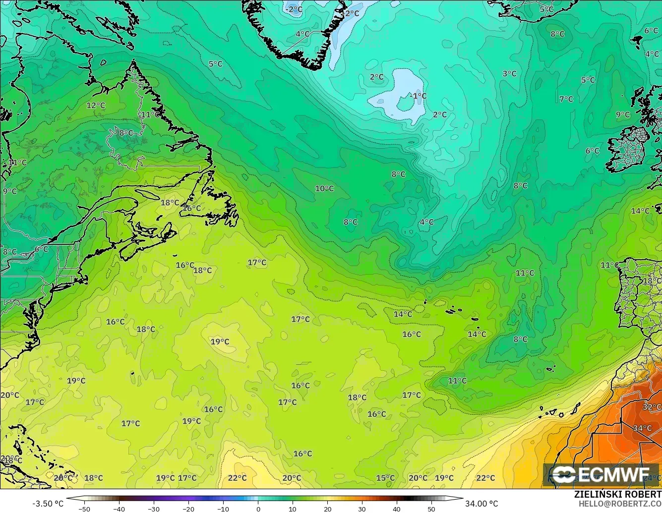 ECMWF IFS 0.25° モデル - 北大西洋, 気温（850hPa）