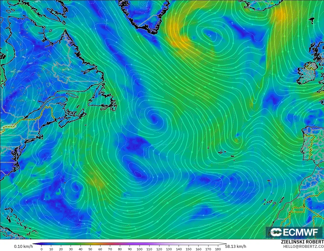 ECMWF IFS 0.25° モデル - 北大西洋, 風速（10m）