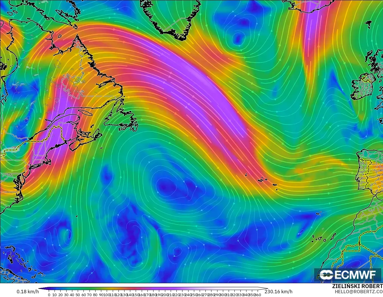 ECMWF IFS 0.25° モデル - 北大西洋, 風速（300hPa）