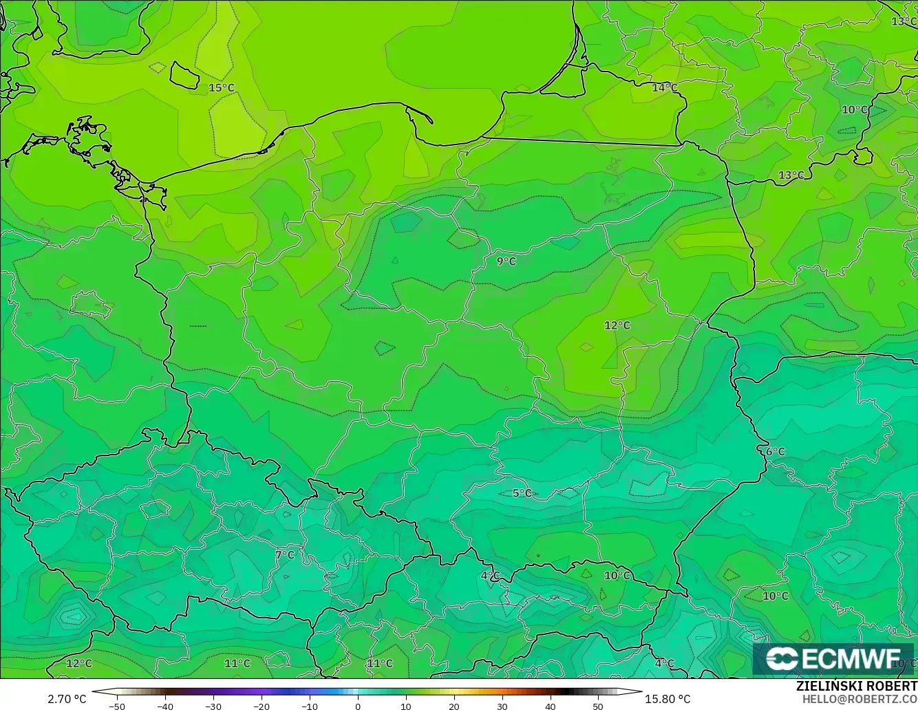 ECMWF IFS 0.25° モデル - ポーランド, 露点温度（2m）