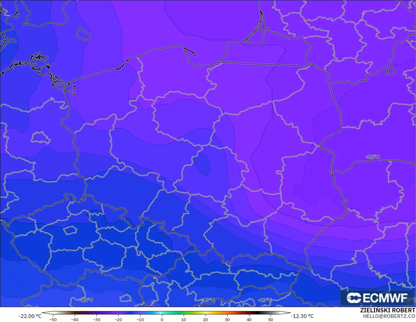 ECMWF IFS 0.25° モデル - ポーランド, 気温（500hPa）