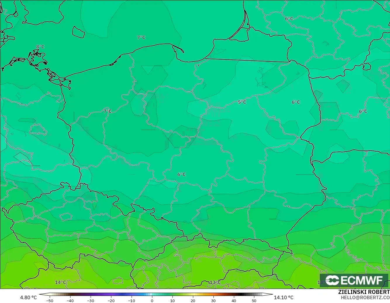 ECMWF IFS 0.25° モデル - ポーランド, 気温（850hPa）