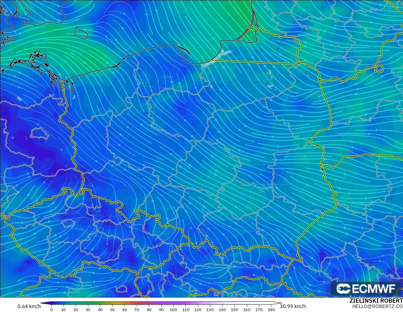 ECMWF IFS 0.25° モデル - ポーランド, 風速（10m）