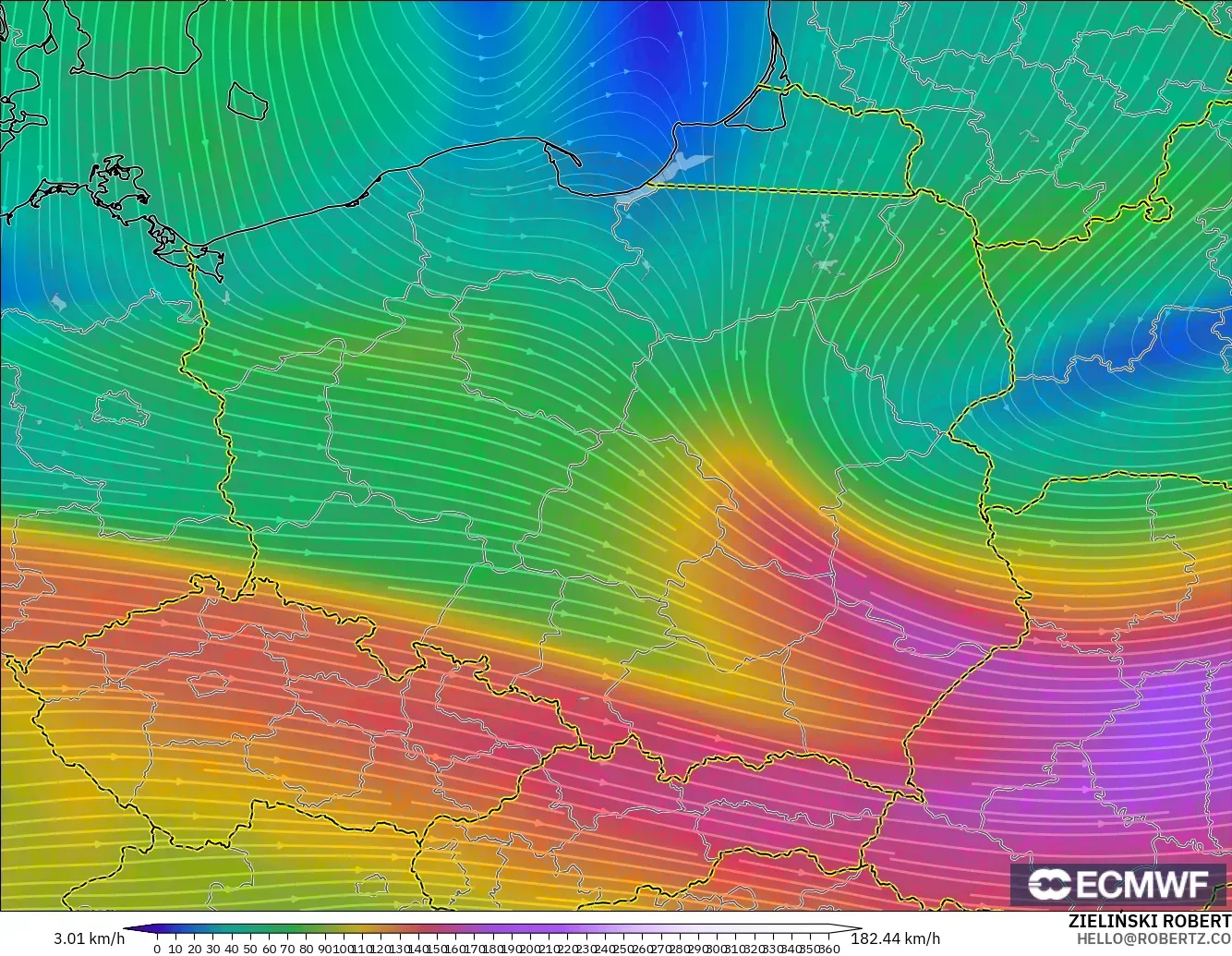 ECMWF IFS 0.25° モデル - ポーランド, 風速（300hPa）