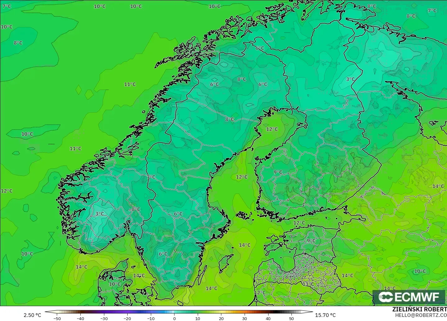 ECMWF IFS 0.25° モデル - スカンジナビア, 露点温度（2m）