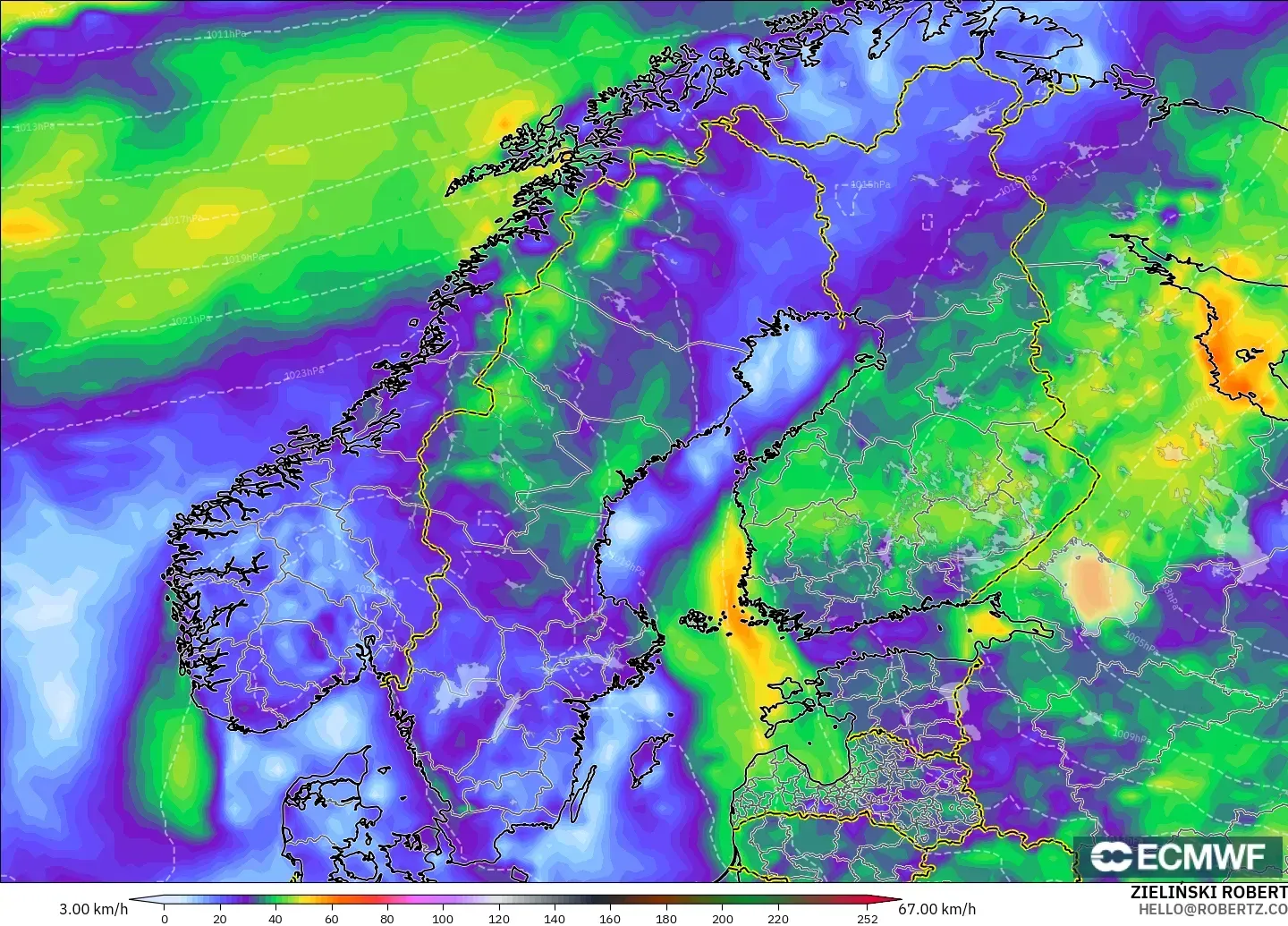 ECMWF IFS 0.25° モデル - スカンジナビア, 突風（最大）