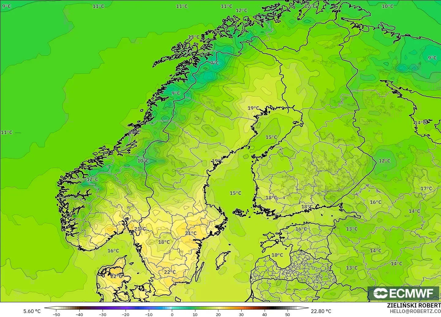 ECMWF IFS 0.25° モデル - スカンジナビア, 気温（2m）