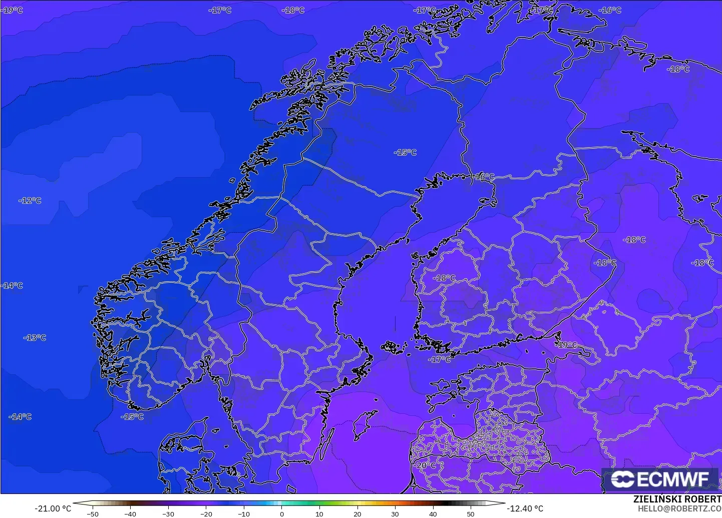 ECMWF IFS 0.25° モデル - スカンジナビア, 気温（500hPa）