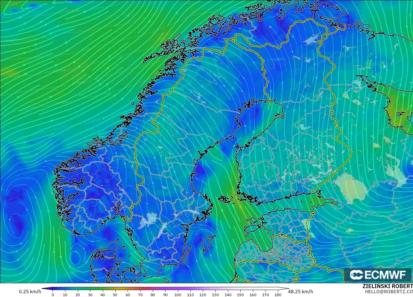 ECMWF IFS 0.25° モデル - スカンジナビア, 風速（10m）