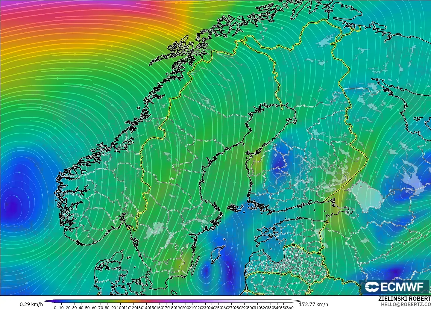 ECMWF IFS 0.25° モデル - スカンジナビア, 風速（300hPa）
