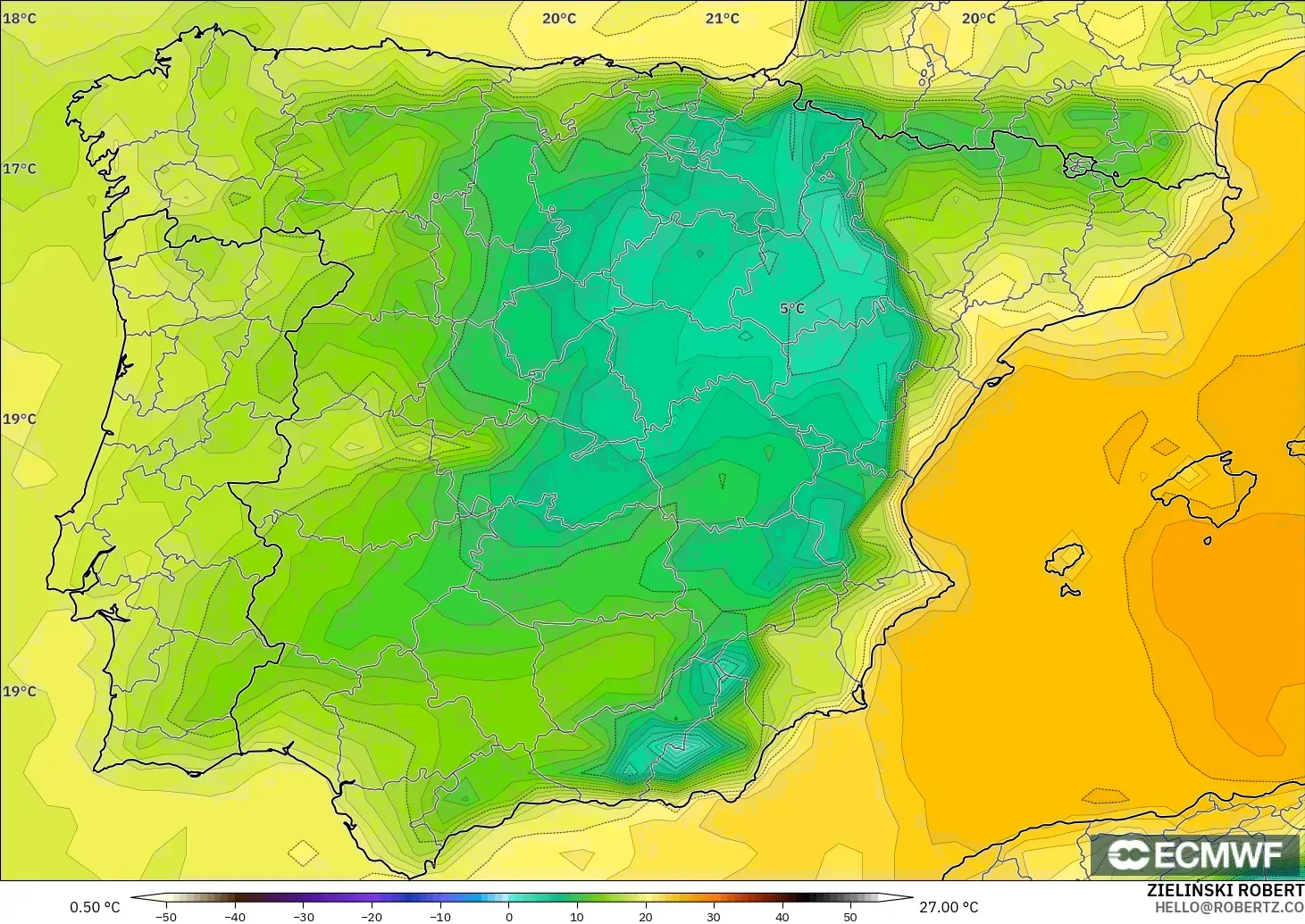 ECMWF IFS 0.25° モデル - スペイン, 露点温度（2m）