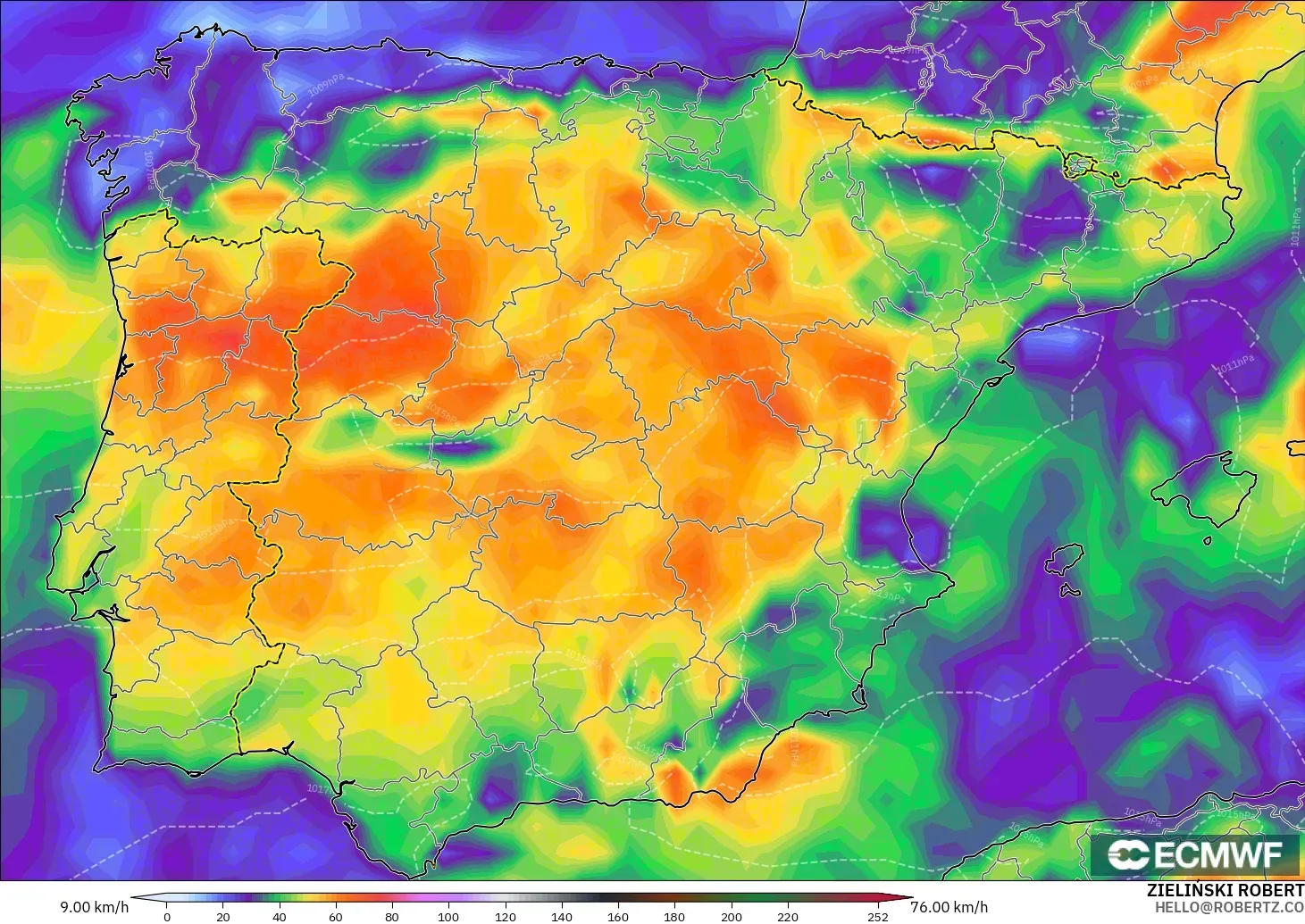 ECMWF IFS 0.25° モデル - スペイン, 突風（最大）