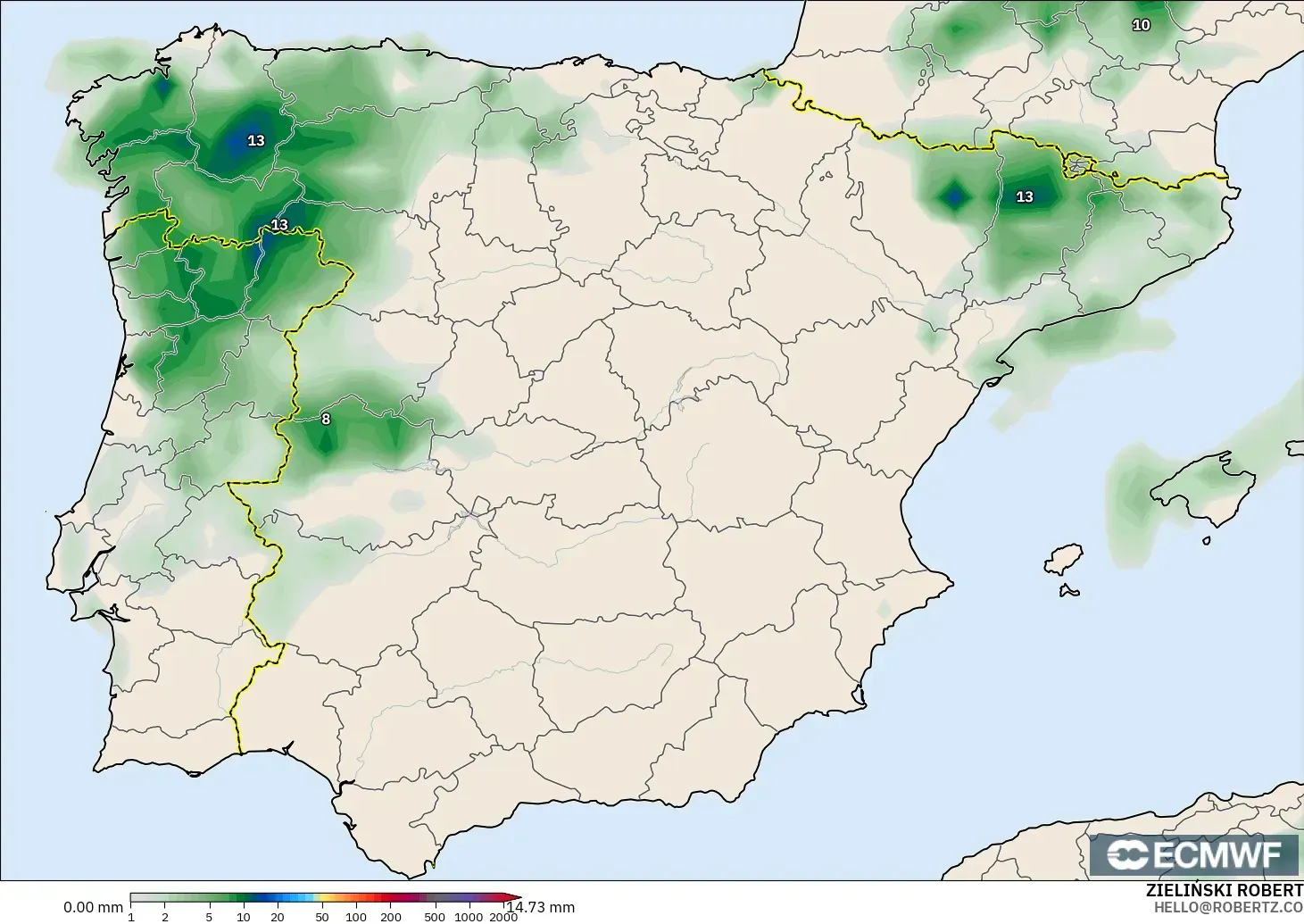 ECMWF IFS 0.25° モデル - スペイン, 降水量の合計